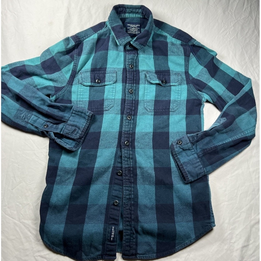 American Eagle Mens Flannel Shirt Extra Small Teal Navy Plaid Button Front XS